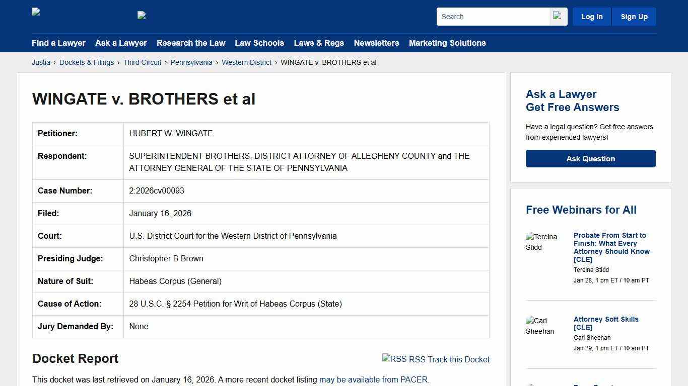 WINGATE v. BROTHERS et al 2:2026cv00093 U.S. District Court for the Western District of Pennsylvania Justia